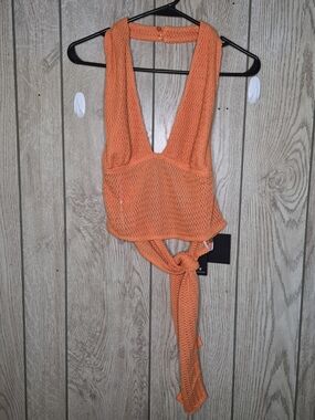 Lulu's Orange Crochet Knit Tie-Back Sleeveless Top